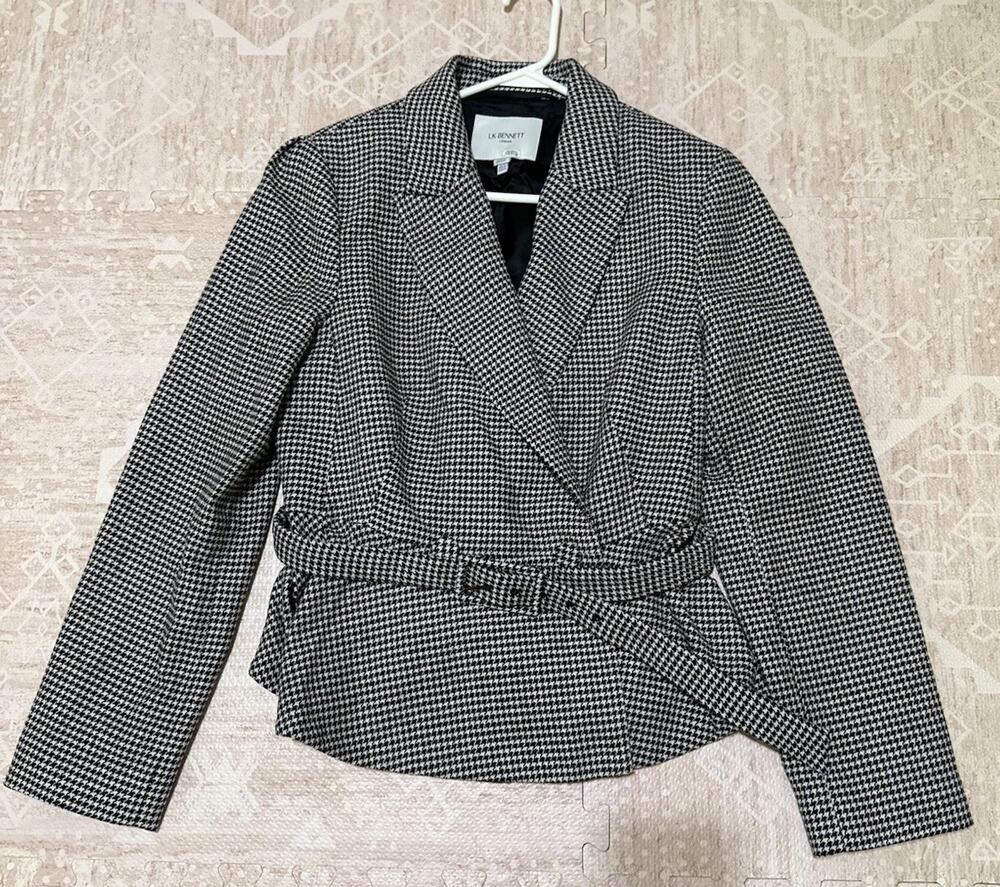 LK Bennett London Nina Houndstooth Wool Blend Belted Blazer Jacket USA 10 Luxury